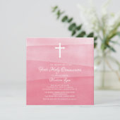 Roze Waterverf meisjes Eerste Heilige Communie Kaart (Staand voorkant)