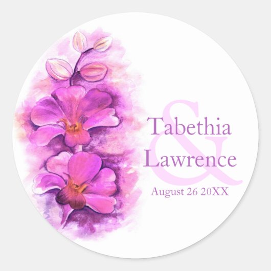 Roze waterverf met gestileerde orchidee trouwstick ronde sticker (Voorkant)