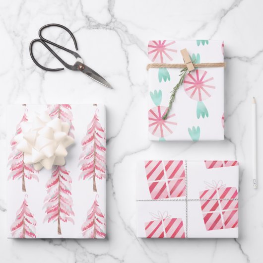 Roze Waterverf Mint Tree-kerstpapier Inpakpapier Vel (Voorkant)