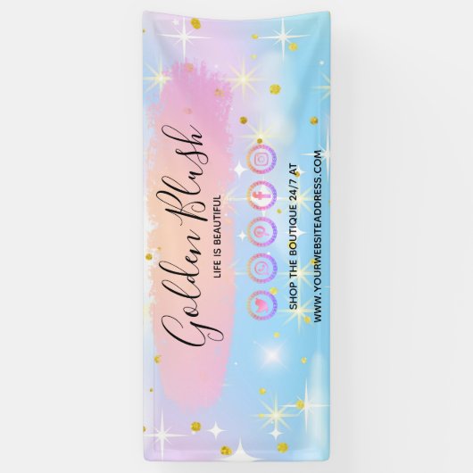 Roze Waterverf & Moderne Gouden Geometrische Chic Spandoek (Verticaal)