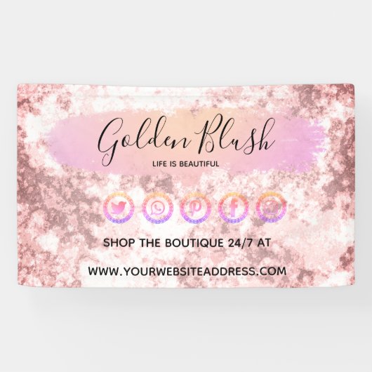 Roze Waterverf & Moderne Gouden Geometrische Chic Spandoek (Horizontaal)