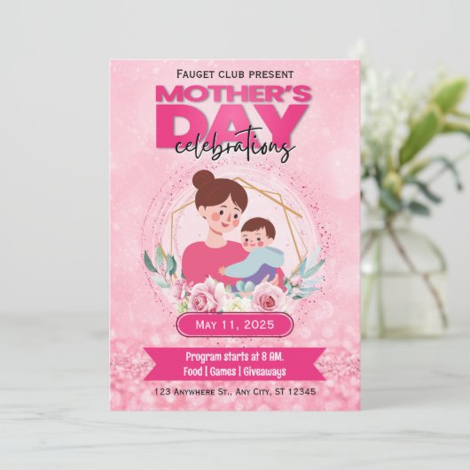 Roze Waterverf Moederdag e-invite Kaart (Staand voorkant)