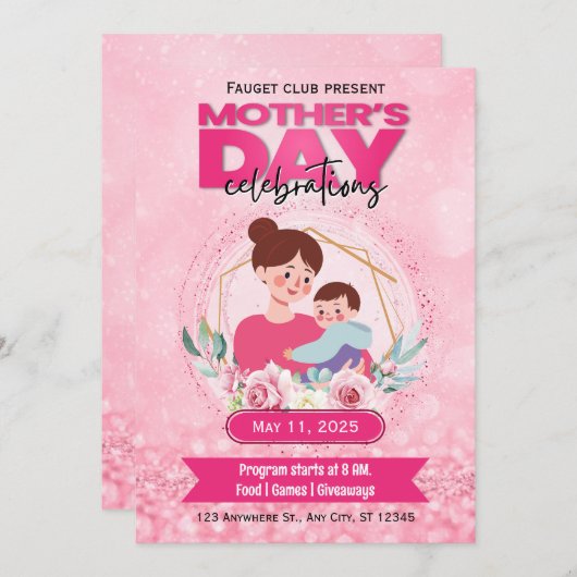 Roze Waterverf Moederdag e-invite Kaart (Voorkant / Achterkant)