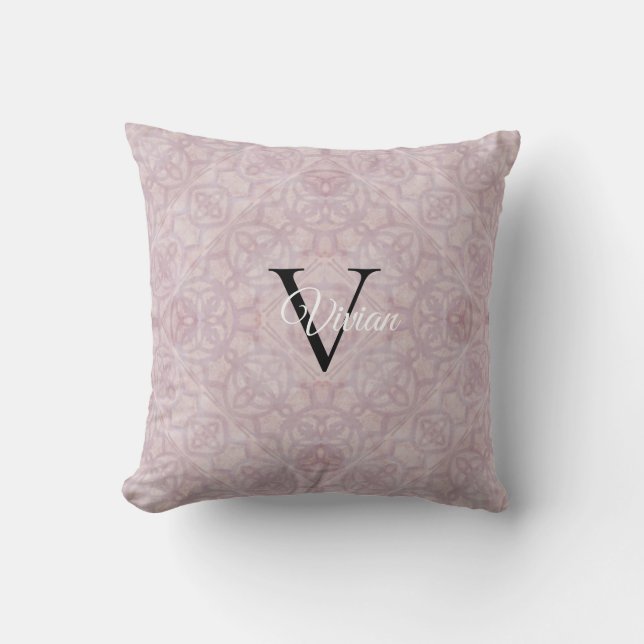Roze Waterverf Monogram Naam Kussen (Voorkant)