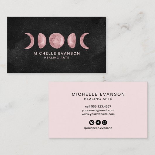 Roze Waterverf Moon Phases Energy Healer Visitekaartje (Voorkant / Achterkant)