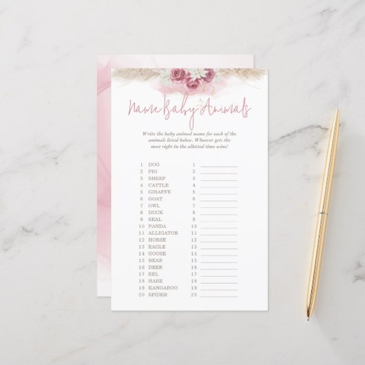 Roze Waterverf Naam Baby Dieren Baby Shower Spel (Voorkant / Achterkant in situ)