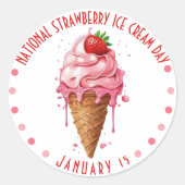 Roze Waterverf Nationale Aardbeienijsdag Ronde Sticker (Voorkant)