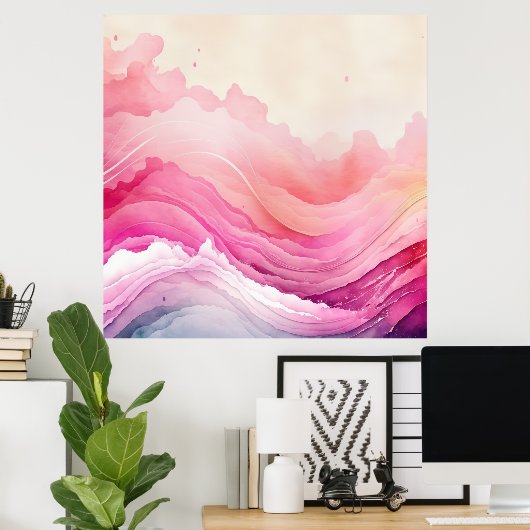 Roze Waterverf Ocean Waves Poster (Thuiskantoor)