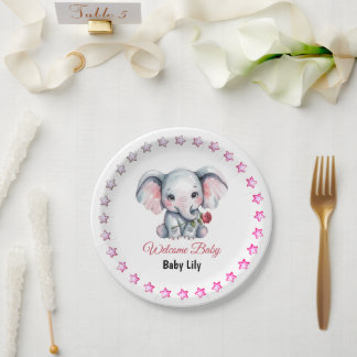 Roze Waterverf Olifant Baby Shower Papieren Bordje
