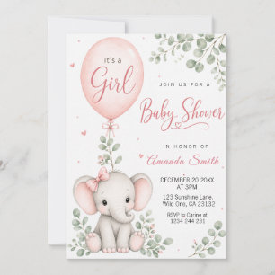 Roze Waterverf Olifant & Ballon Meisje Baby Shower Kaart