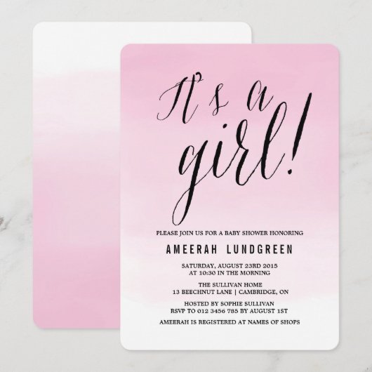 Roze Waterverf Ombre Baby shower Uitnodiging (Voorkant / Achterkant)