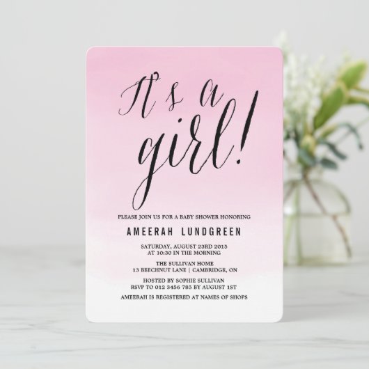 Roze Waterverf Ombre Baby shower Uitnodiging (Staand voorkant)