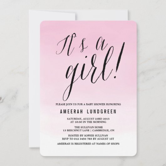 Roze Waterverf Ombre Baby shower Uitnodiging (Voorkant)