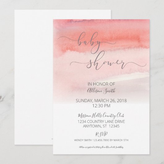 Roze Waterverf Ombre Baby shower Uitnodiging (Voorkant / Achterkant)
