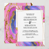 Roze Waterverf Ombre Gold Agate Wedding Kaart (Voorkant / Achterkant)