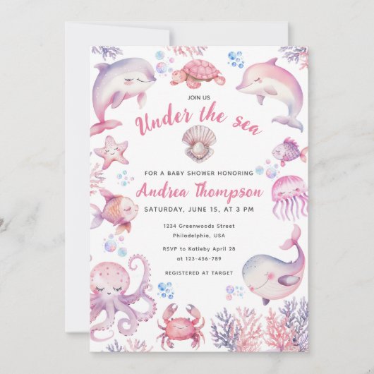 Roze Waterverf onder het Zee meisje Baby shower Kaart (Voorkant)