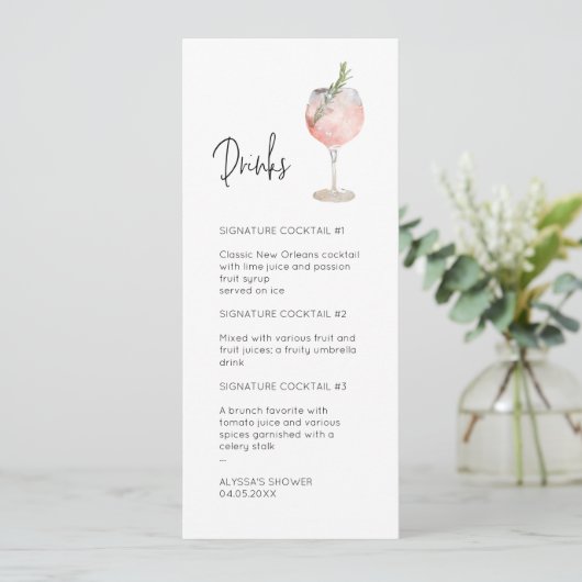 Roze Waterverf Ondertekening Cocktail Menu Kaart (Staand voorkant)