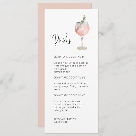 Roze Waterverf Ondertekening Cocktail Menu Kaart (Voorkant / Achterkant)