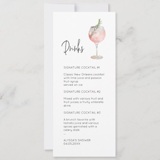 Roze Waterverf Ondertekening Cocktail Menu Kaart (Voorkant)