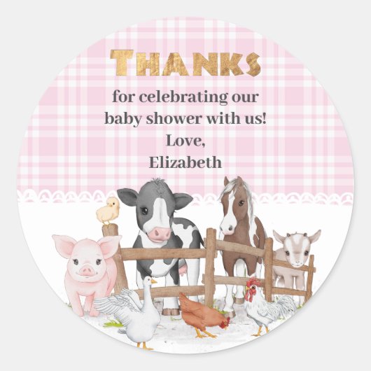 Roze Waterverf op het Farm Animals Baby shower Ronde Sticker (Voorkant)
