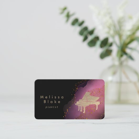 Roze waterverf op zwart visitekaartje (Staand voorkant)