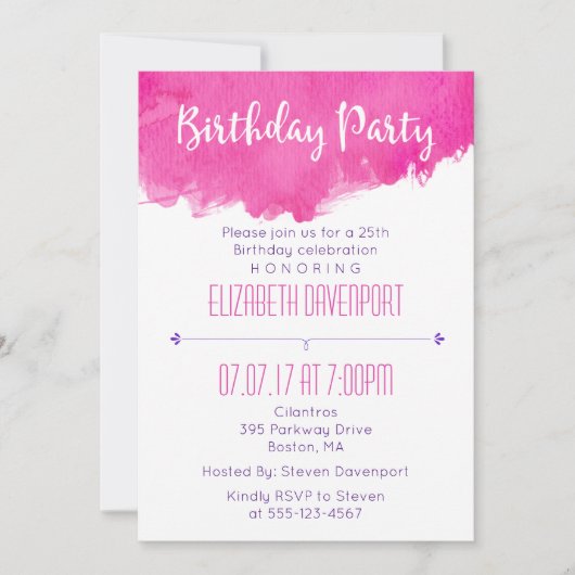 Roze Waterverf Paint Splatter Verjaardagsuitnodigi Kaart (Voorkant)