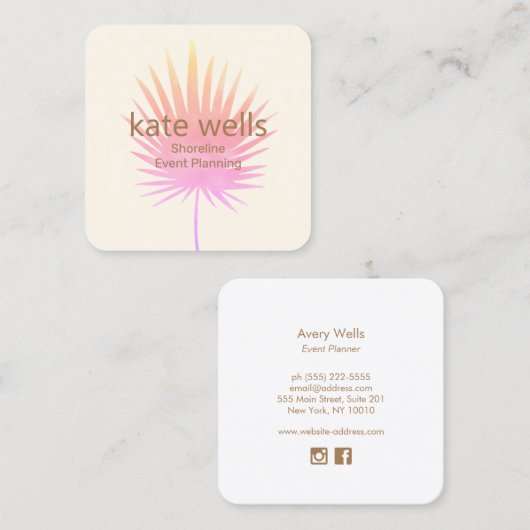 Roze Waterverf Palm Branch Tropical Event Planner Vierkante Visitekaartje (Voorkant / Achterkant)