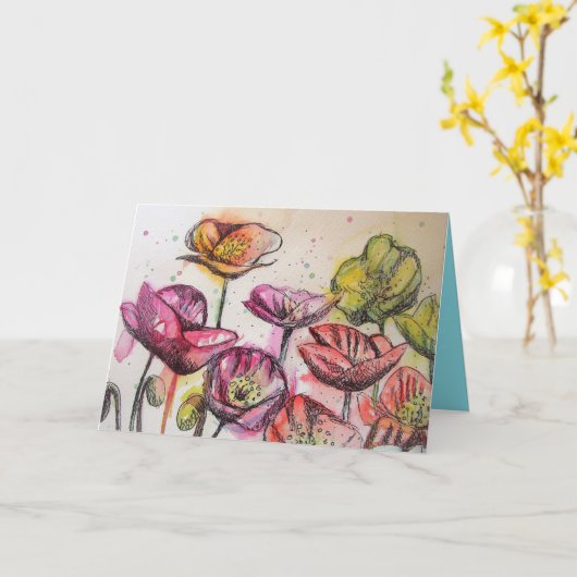 Roze Waterverf papaver en inkt Birthday Kaart (Gele Bloem)