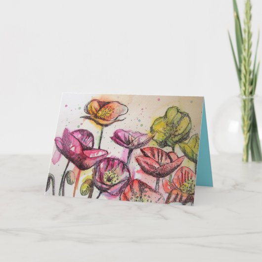 Roze Waterverf papaver en inkt Birthday Kaart (Voorkant)