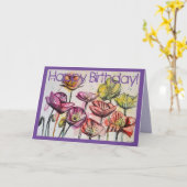 Roze Waterverf papaver en inkt Birthday Kaart (Gele Bloem)
