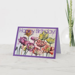 Roze Waterverf papaver en inkt Birthday Kaart