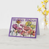 Roze Waterverf papaver en inkt Birthday Kaart (Gele Bloem)