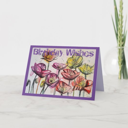 Roze Waterverf papaver en inkt Birthday Kaart (Voorkant)