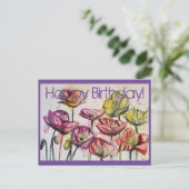 Roze Waterverf papaver en inkt Birthday Kaart (Staand voorkant)
