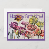 Roze Waterverf papaver en inkt Birthday Kaart (Voorkant / Achterkant)