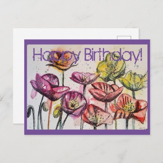 Roze Waterverf papaver en inkt Birthday Kaart (Voorkant / Achterkant)