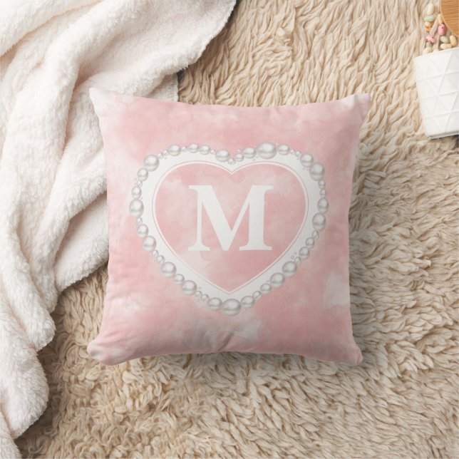Roze Waterverf Parel Hart Monogram  Kussen (Deken)