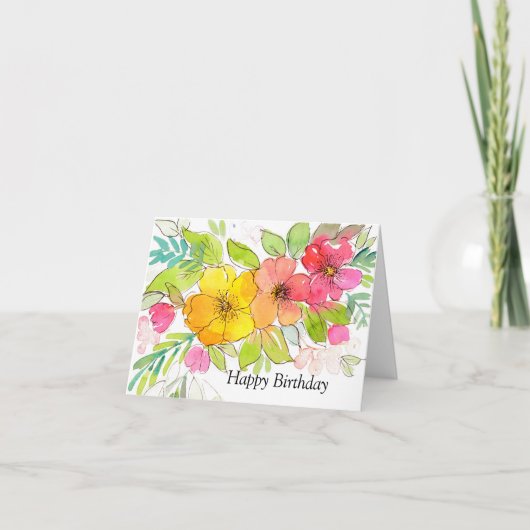 roze waterverf pen en inkt bloemige verjaardag bedankkaart (Voorkant)