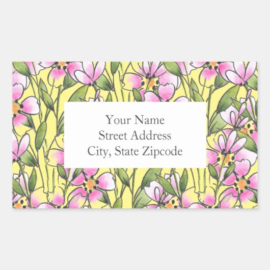 Roze Waterverf peninkt bloemstengelpatroonlabels Rechthoekige Sticker (Voorkant)