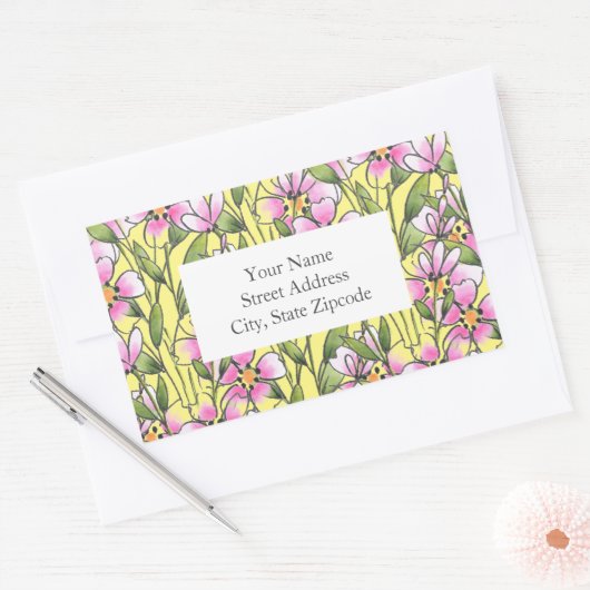 Roze Waterverf peninkt bloemstengelpatroonlabels Rechthoekige Sticker (Envelop)