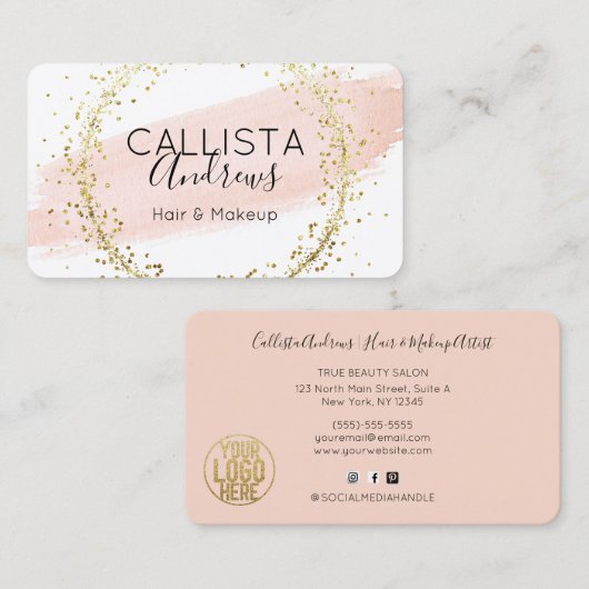 Roze Waterverf penseel Glitter Confetti Salon Visitekaartje (Voorkant / Achterkant)