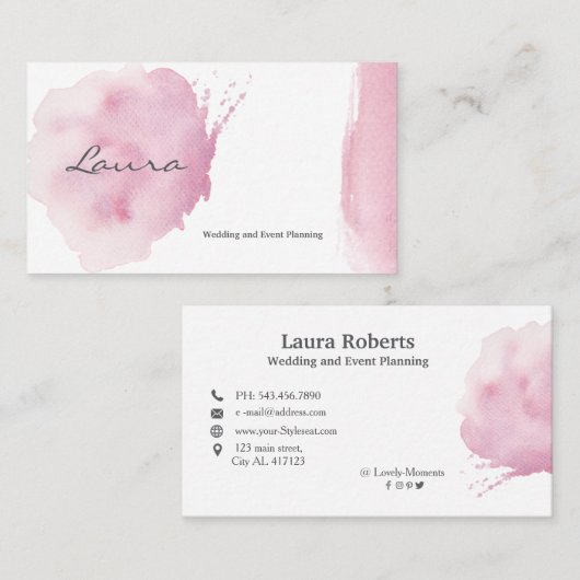 Roze waterverf penseelstreek visitekaartje (Voorkant / Achterkant)