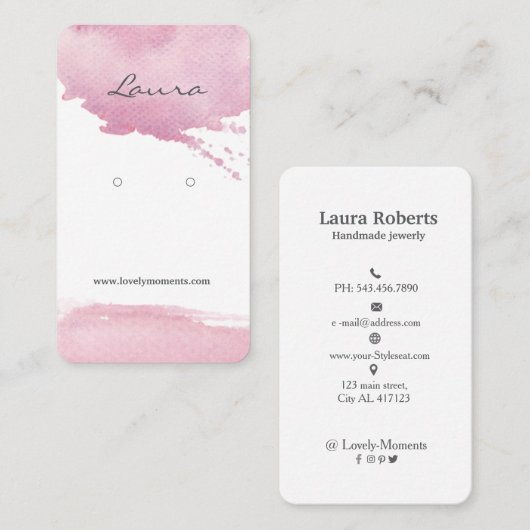 Roze waterverf penseelstreken oorscherm visitekaartje (Voorkant / Achterkant)