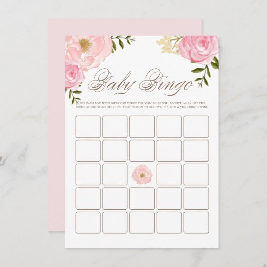 Roze Waterverf Peonies Baby shower Bingo Game Informatiekaartje (Voorkant / Achterkant)