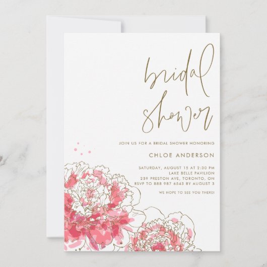 Roze Waterverf Peonies Bridal Shower Invitation Kaart (Voorkant)