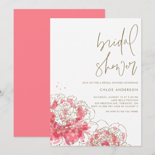 Roze Waterverf Peonies Bridal Shower Invitation Kaart (Voorkant / Achterkant)