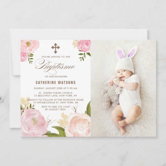 Roze Waterverf Peonies Foto Baptismo Kaart (Voorkant)