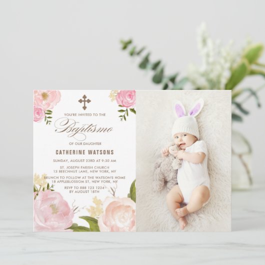 Roze Waterverf Peonies Foto Baptismo Kaart (Staand voorkant)