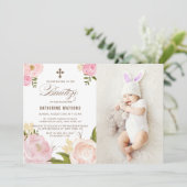 Roze Waterverf Peonies Foto Bautizo Kaart (Staand voorkant)