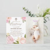 Roze Waterverf Peonies Foto Christening Kaart (Staand voorkant)